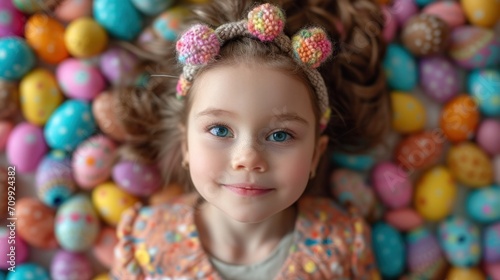 A little girl laying on top of a pile of easter eggs