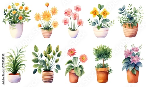 watercolor illustration with grungy texture, spring flower pot blossom, collection set isolated on white background, idea for junk journal or scrapbook design, generative Ai photo