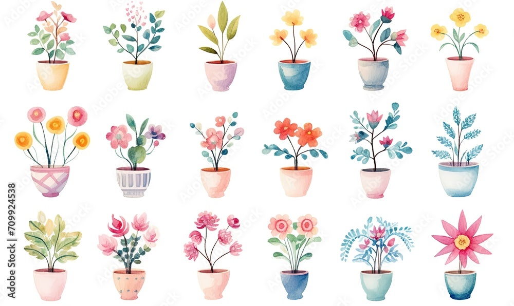 watercolor illustration with grungy texture, spring flower pot blossom, collection set isolated on white background, idea for junk journal or scrapbook design, generative Ai watercolor illustration with grungy texture, spring flower pot blossom, collection set isolated on white background, idea for junk journal or scrapbook design, generative Ai