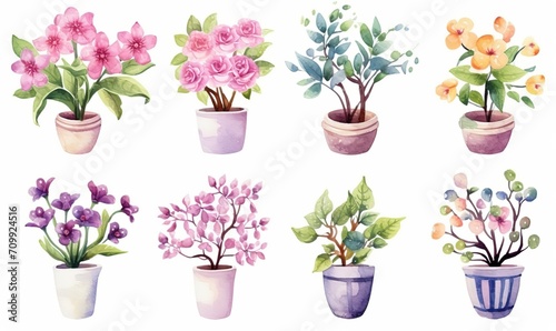 watercolor illustration with grungy texture, spring flower pot blossom, collection set isolated on white background, idea for junk journal or scrapbook design, generative Ai