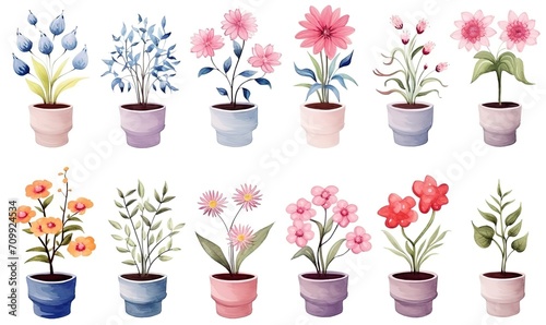 watercolor illustration with grungy texture  spring flower pot blossom  collection set isolated on white background  idea for junk journal or scrapbook design  generative Ai