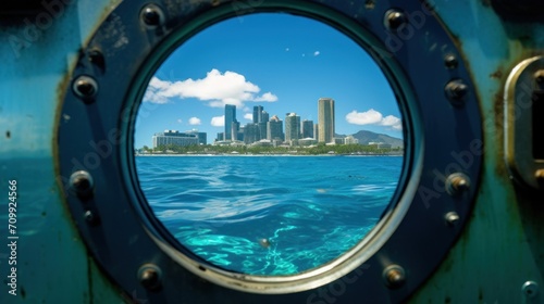 Bubbles visible through the porthole of a submarine surfacing in front of Waikiki Beach in Honolulu, Hawaii.