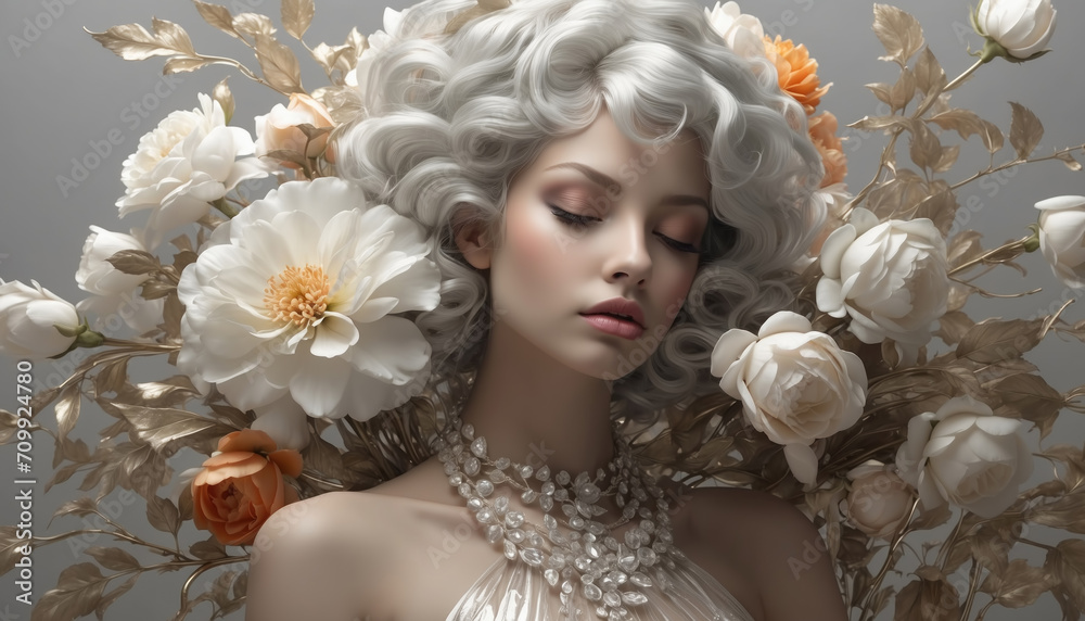 Beautiful blond woman with white flowers. AI generated