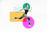 Horizontal creative photo collage illustration sport gymnastics excited happy smiling sportswoman runner marathon on abstract background