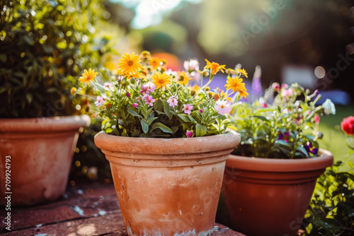 Flowers in the pots in the garden  springtime gardening 