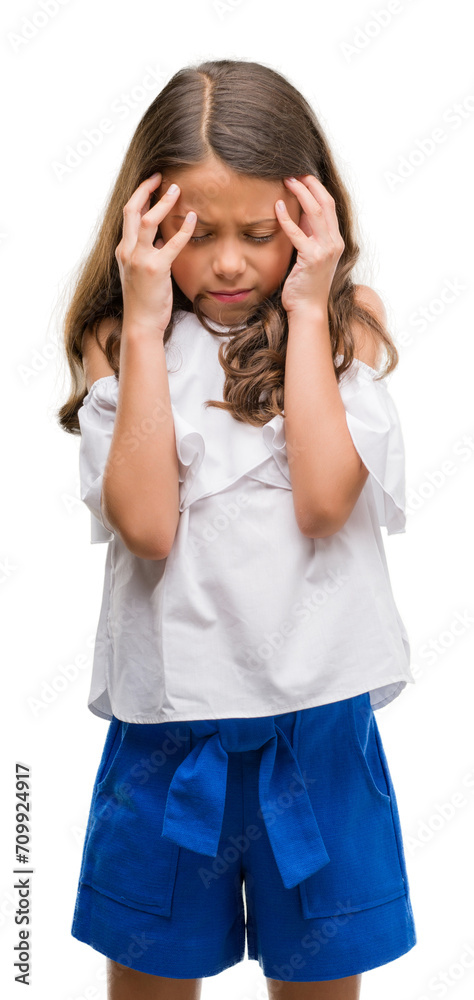 Brunette hispanic girl with hand on head for pain in head because stress. Suffering migraine. Brunette hispanic girl with hand on head for pain in head because stress. Suffering migraine.