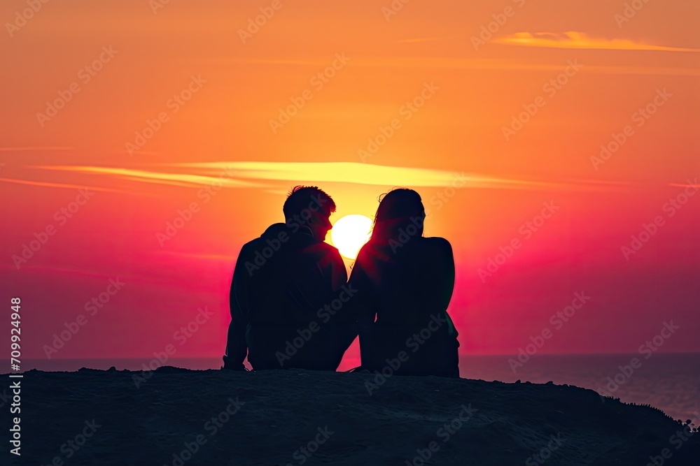 Silhouette of a couple sitting on the beach watching the sunset
