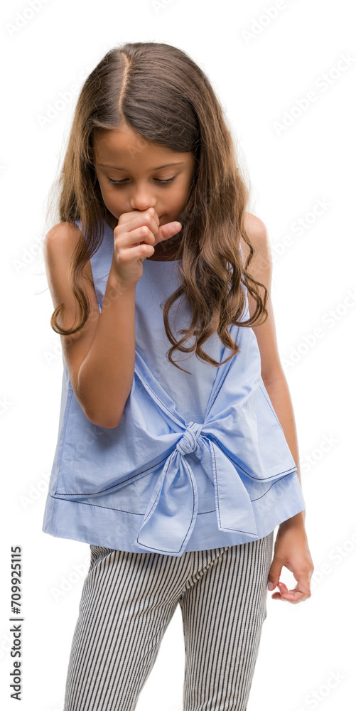 Brunette hispanic girl feeling unwell and coughing as symptom for cold or bronchitis. Healthcare concept. Brunette hispanic girl feeling unwell and coughing as symptom for cold or bronchitis. Healthcare concept.