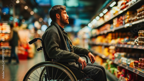 Young man in a wheelchair at the supermarket. Shopping and healthcare concept. photo