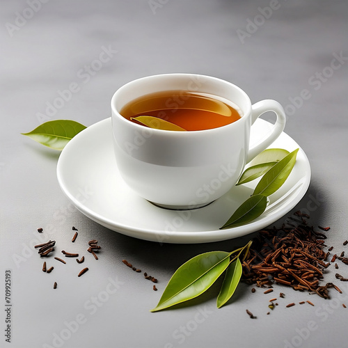 Black tea in a cup of glass. lemon and tea leaves. On white, isolated background.