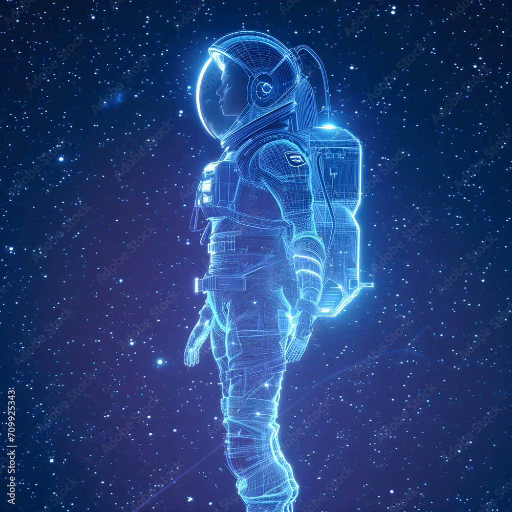 Technology will help man  kind reach the stars. Female astronaut  hologram in space, surrounded by stars. 