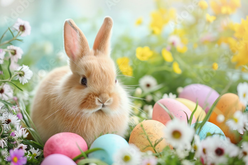 Easter bunny hiding  with eggs in the garden 