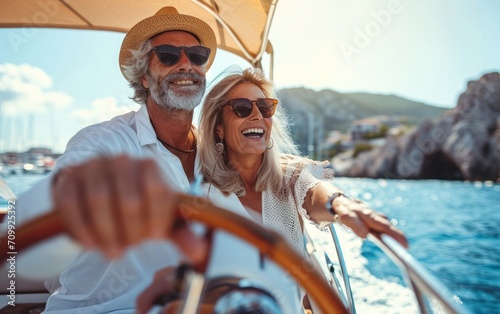 Happy senior couple having fun on a boat trip
