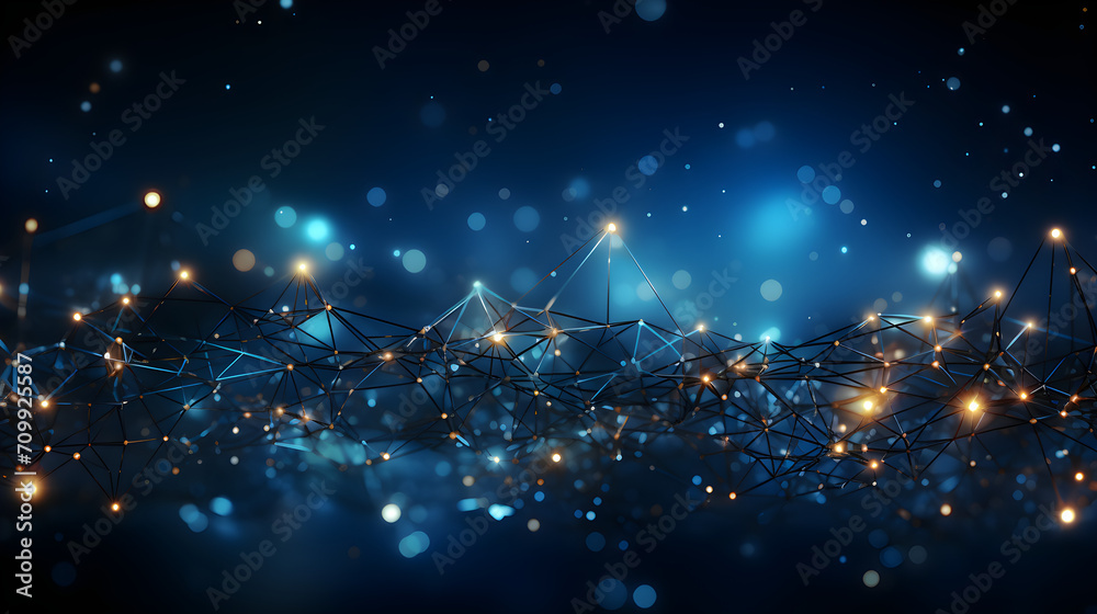 Abstract futuristic technology background banner with waves, straight connected lines and glowing dots as pieces and bits of information. Contrast between blurred and focused elements.  - obrazy, fototapety, plakaty 