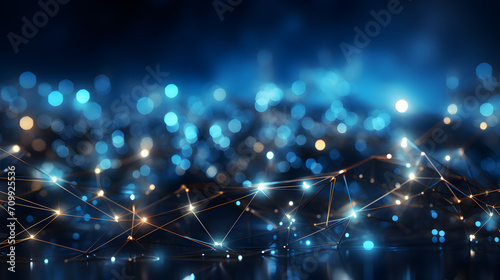 Foto Abstract futuristic technology background banner with waves, straight connected lines and glowing dots as pieces and bits of information