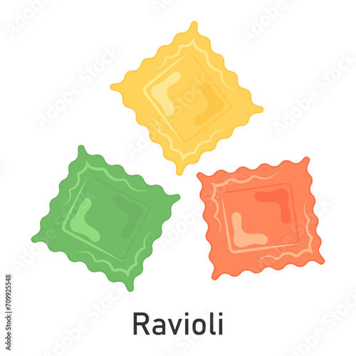 Ravioli multicolori: rossi, verdi, gialli. Illustrazione vettoriale.