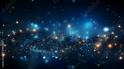 Abstract futuristic technology background banner with waves, straight connected lines and glowing dots as pieces and bits of information. Contrast between blurred and focused elements.  photo
