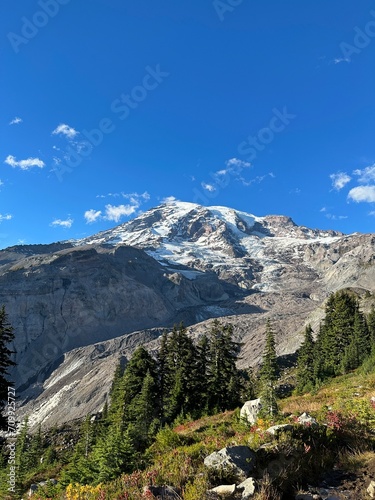 Scenic view of Mount Rainier against the backdrop of a blue sky. Washington state, USA