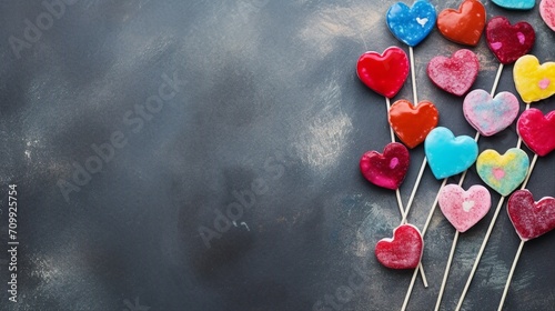 Captivating Valentine's Day Concept: Top View Photo of Heart Shaped Lollipops and Candies on Concrete Texture Background, Love Inscriptions, Promotional Copy-Space Available. © Sunanta