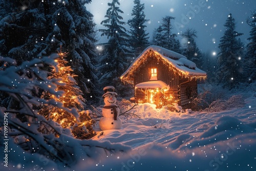 Illuminated wooden house with snowman and Christmas tree on snowy landscape