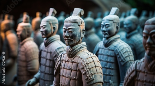 Collection of terracotta sculptures in the Bacalha Buddha Eden park. Blue painted copies of Terracotta Army depicting the armies of Emperor Qin Shi Huang.