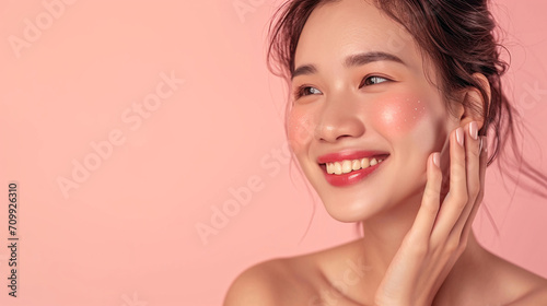 Beauty skin. Head and shoulders of asian woman model  touching glowing  hydrated facial skin  apply toner  skin cream or lotion for healthy look  after shower portrait  white background.