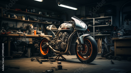 Motorcycle Standing in an Authentic Creative Workshop. Vintage Style Motorcycle Under Warm Lamp Light in a Garage.
