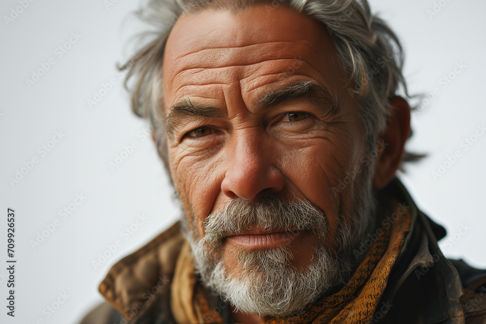 Brightly dressed stylish elderly man on dark background. Close Up Portrait of a Cheerful Senior Man with Gray Hair Wearing Glasses. Retired Adult Man Looking at Camera and Smiling.