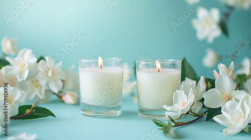 candles and flowers on a mint background 