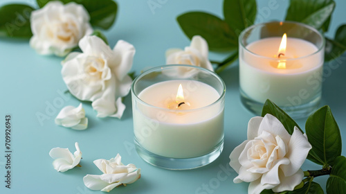 candles and flowers on a mint background 