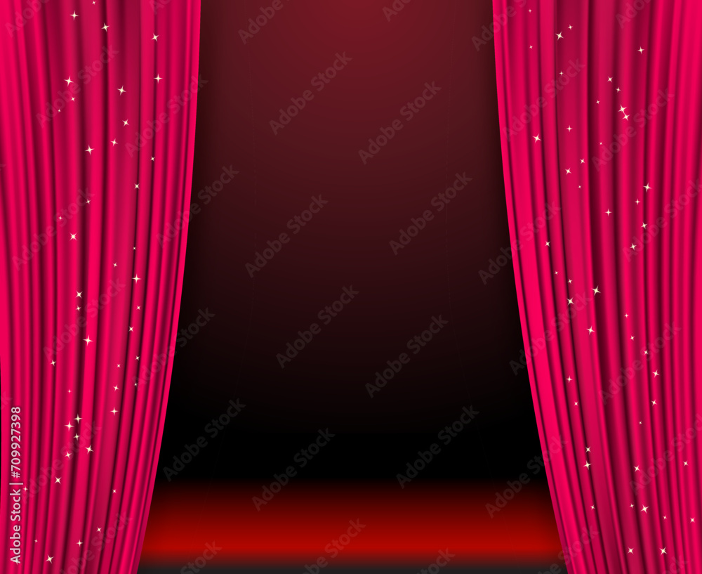 Naklejka premium Purple curtains borders with stars as cinema or opera, show, presentation, theatrical background