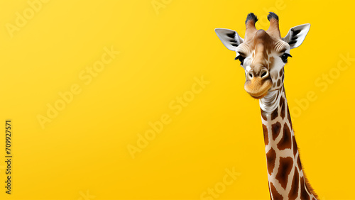 Giraffe head isolated on yellow background with clipping path. Side view.