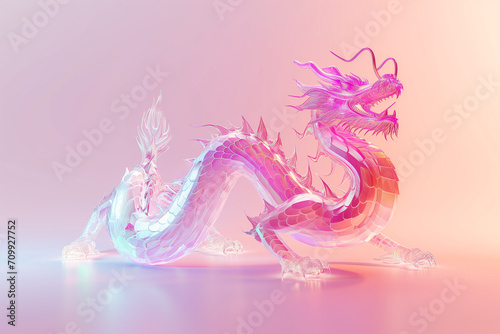 3d render Chinese lunar year dragon, Neon lighting, Glass