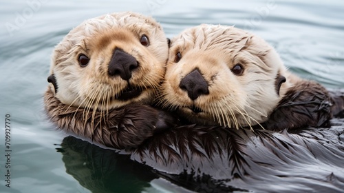 a pair of cuddling sea otters, their fur glistening against the simplicity of a white canvas, conveying the warmth of their connection.