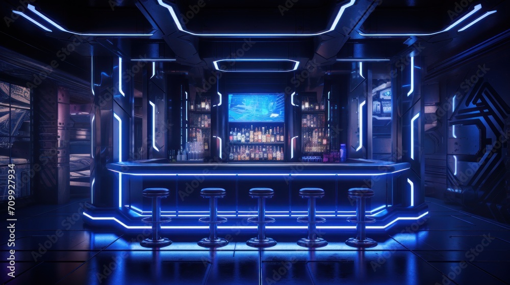 Obraz premium Futuristic cyberpunk night club interior with bar and neon lights. 3D illustration.