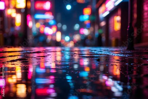 Mesmerizing neon lights reflecting in city puddles. Abstract night bokeh background.