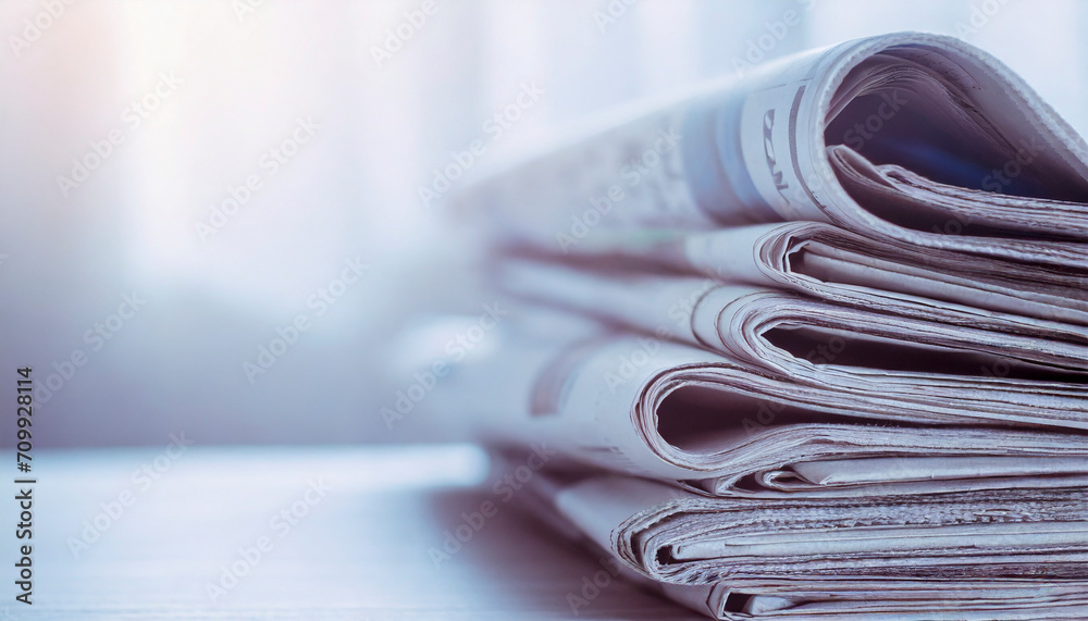 Stack of newspapers on the table in the morning light. Selective focus. Media news concept Stack of newspapers on the table in the morning light. Selective focus. Media news concept
