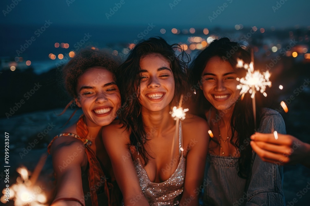 Group of friends celebrating with sparklers at night