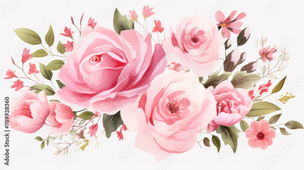 Pink soft watercolour flowers on a white background 