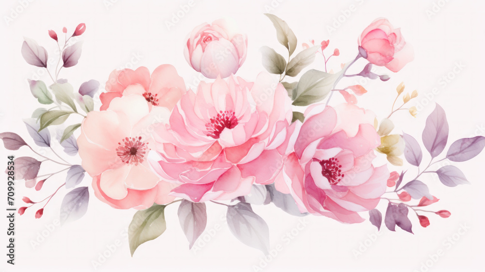 Fototapeta premium Pink soft watercolour flowers on a white background 