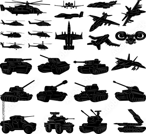 set of military equipment silhouettes on white background vector