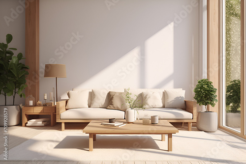 Calm stylish living room interior in light colors. Square coffee table  white sofa and stylish decor