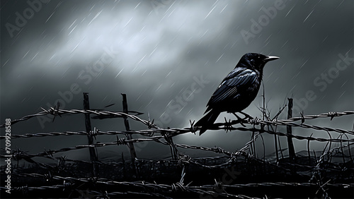 Illustration of a crow perched on a barbed wire fence in the rain