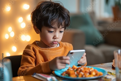 Boy eating food and using smart phone at dining table