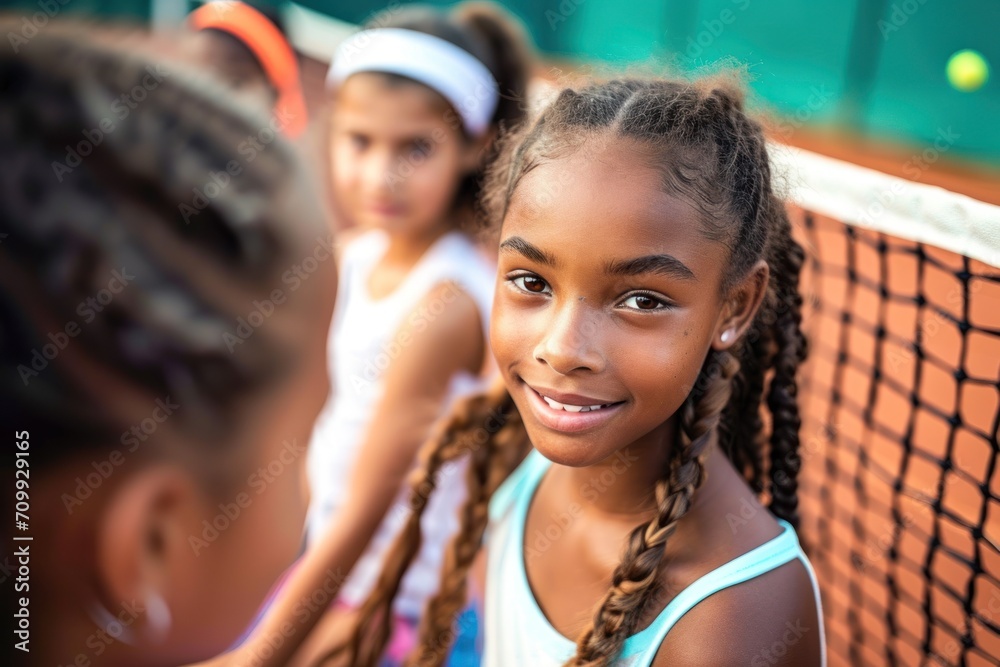 Fototapeta premium Young and diverse group of female children learning how to play tennis on a clay court