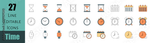 Set of editable linear icons of time, hourglass, timer