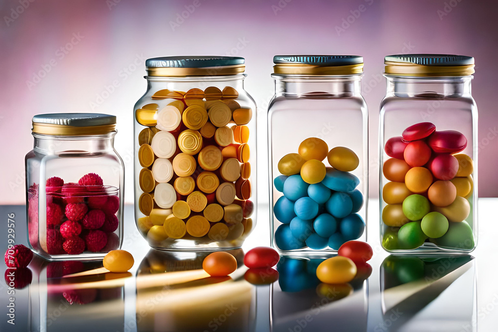 glass jars full of colorful candies and bubble gums assortments glass jars full of colorful candies and bubble gums assortments