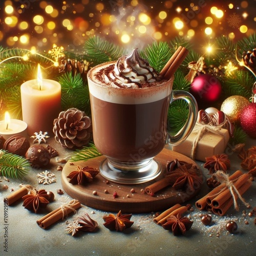 Hot chocolate drink in a transparent glass with the Christmas background.