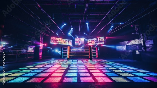 Multi-colored illuminated way with grid to boxing ring inside fight club  many lights.    © Tumelo