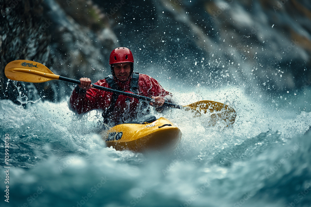 Obraz premium Whitewater Kayaking Adventure Down a Mountain River's White Water Rapids